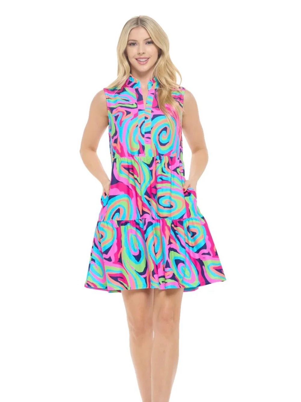 Aryeh Neon Swirl and twirl Tiered Mini Dress in Hot Pink, Lime & Aqua